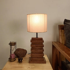 Truffle Beige Wooden Table Lamp with Red Printed Fabric Lampshade - WoodenTwist