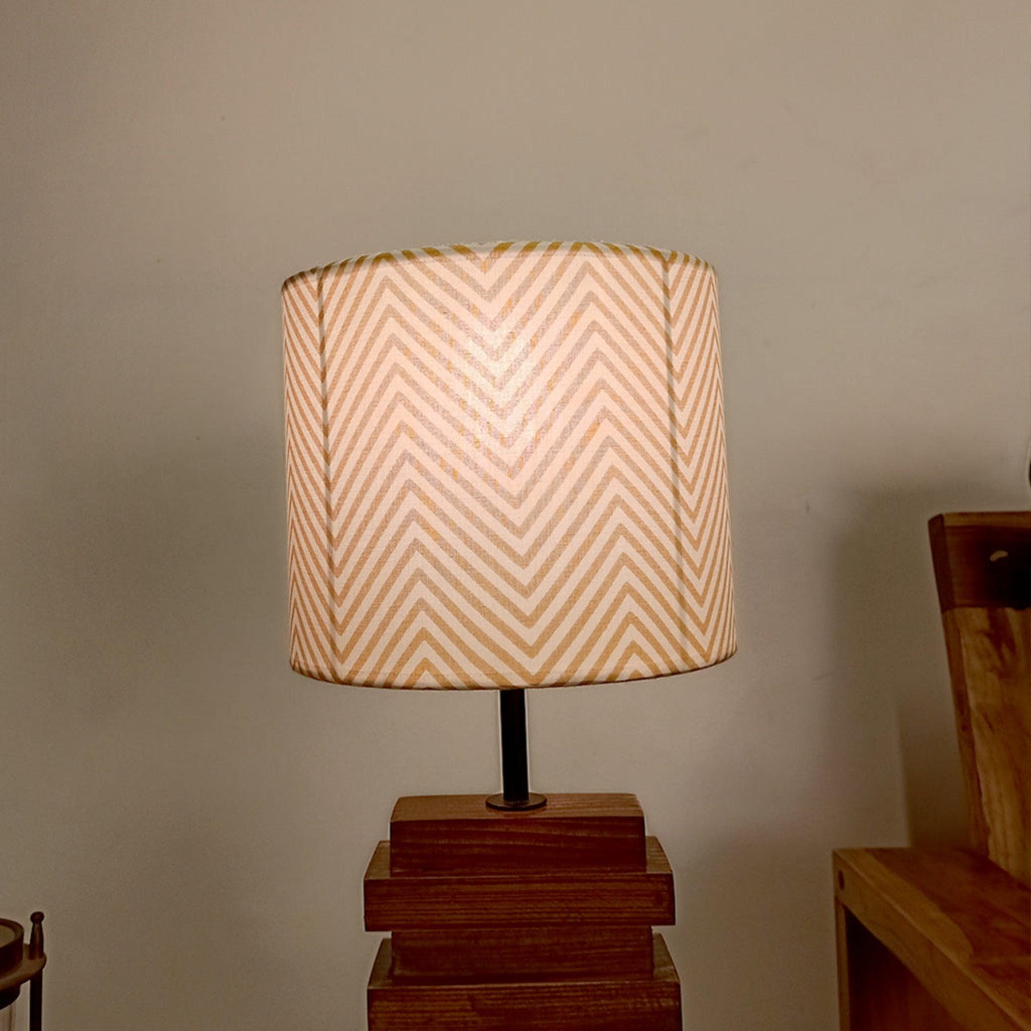 Truffle Beige Wooden Table Lamp with Red Printed Fabric Lampshade - WoodenTwist