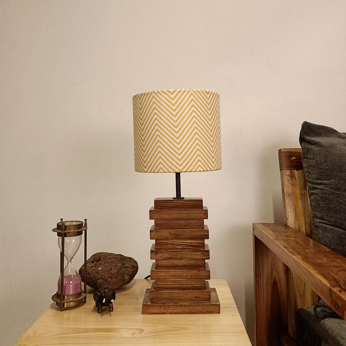 Truffle Beige Wooden Table Lamp with Red Printed Fabric Lampshade - WoodenTwist