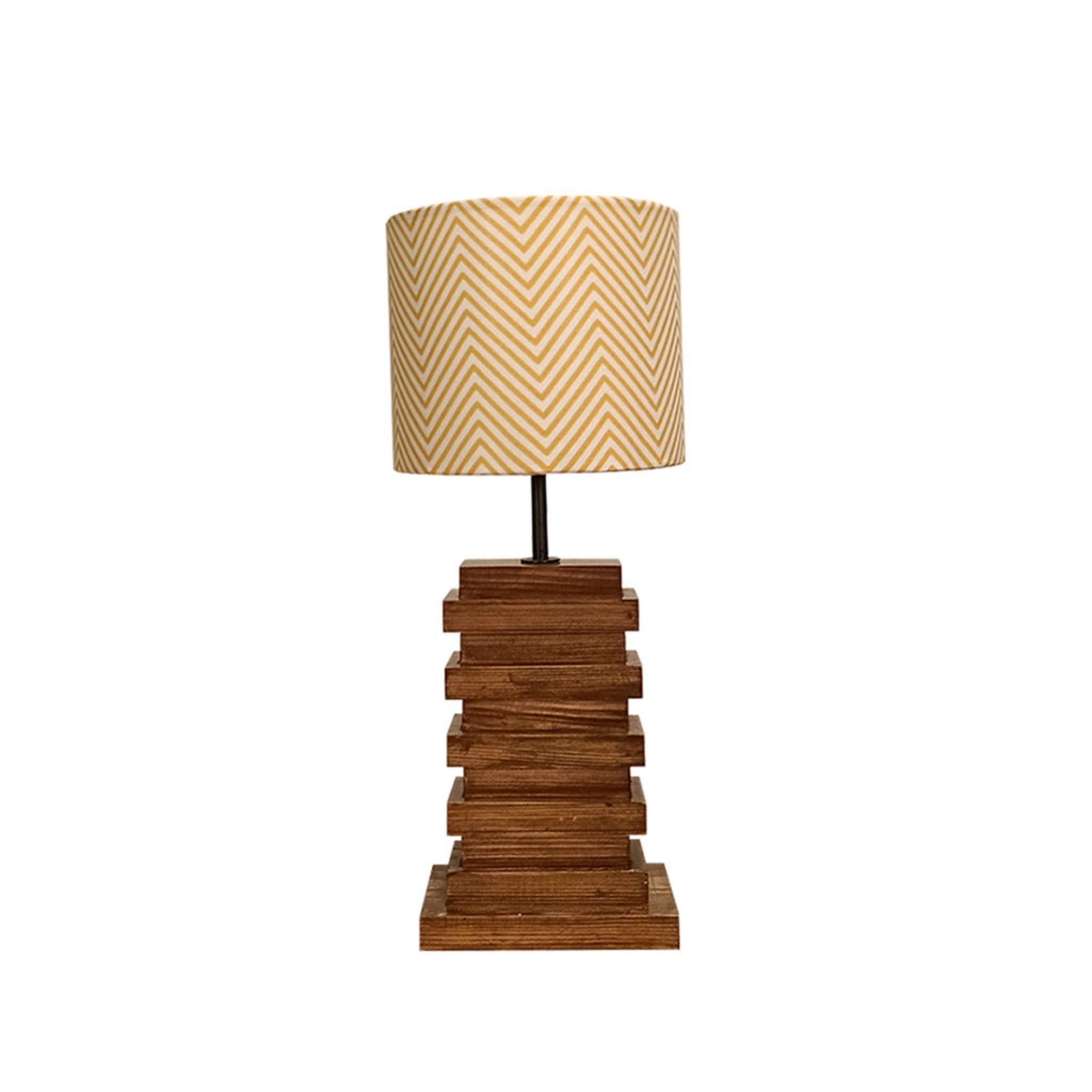 Truffle Beige Wooden Table Lamp with Red Printed Fabric Lampshade - WoodenTwist