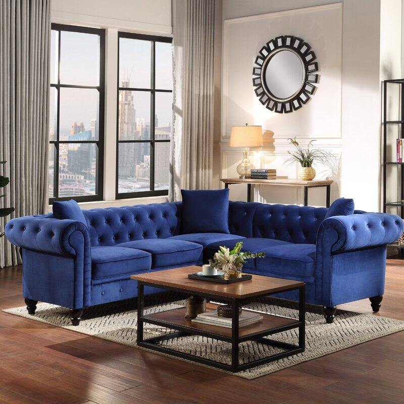 Chesterfield Luxurious Velvet Symmetrical Corner Sectional With Table And Cushions - WoodenTwist