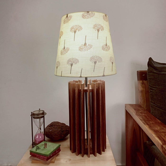 Ventus Brown Wooden Table Lamp with Yellow Printed Fabric Lampshade - WoodenTwist