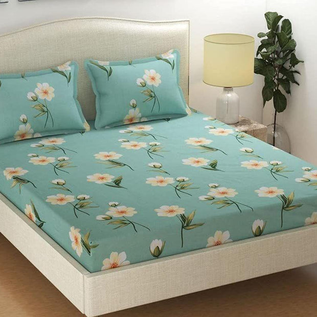 Glace Cotton Double Bedsheet with 2 Pillow Covers (Golden Green Flower) - WoodenTwist