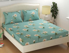 Glace Cotton Double Bedsheet with 2 Pillow Covers (Golden Green Flower) - WoodenTwist