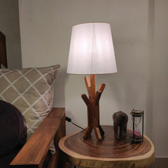 Vrikshya Wooden Table Lamp with Brown Base and Premium White Fabric Lampshade - WoodenTwist