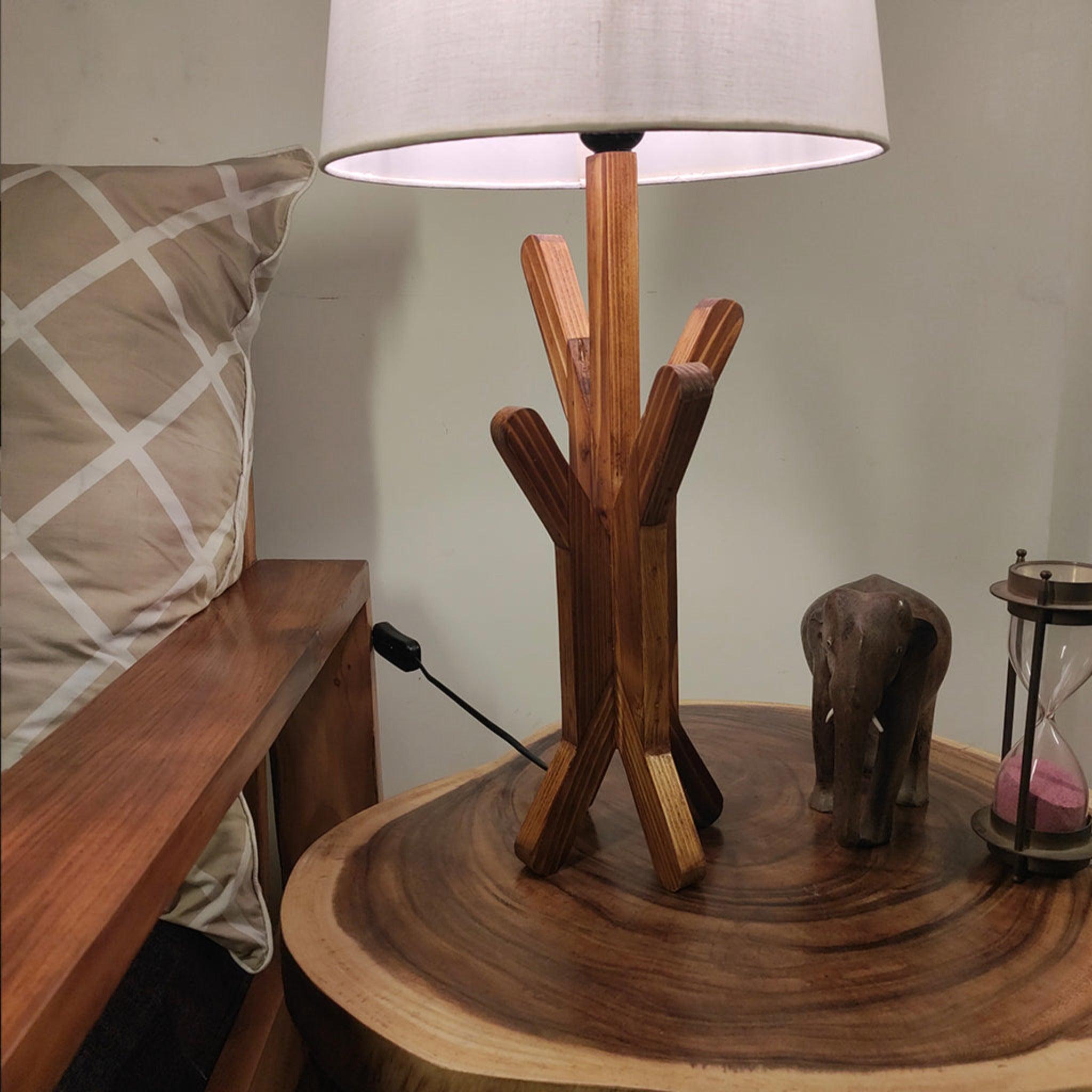 Vrikshya Wooden Table Lamp with Brown Base and Premium White Fabric Lampshade - WoodenTwist