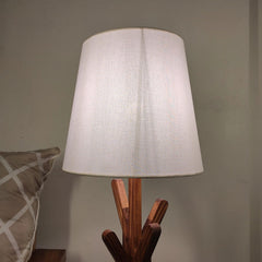 Vrikshya Wooden Table Lamp with Brown Base and Premium White Fabric Lampshade - WoodenTwist