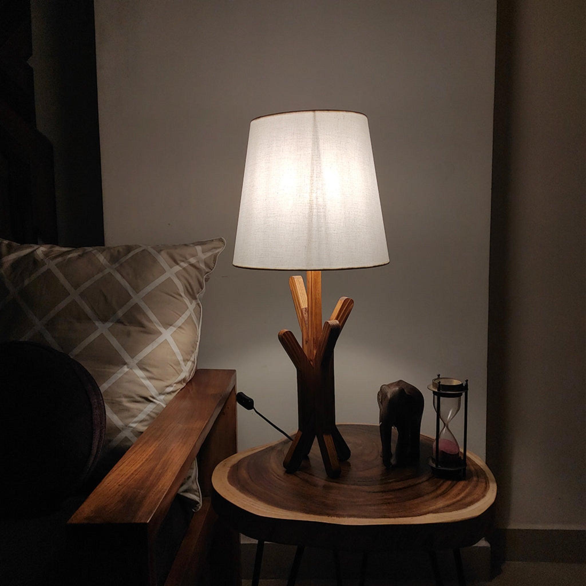 Vrikshya Wooden Table Lamp with Brown Base and Premium White Fabric Lampshade - WoodenTwist