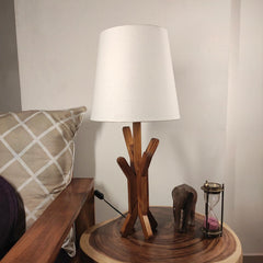 Vrikshya Wooden Table Lamp with Brown Base and Premium White Fabric Lampshade - WoodenTwist