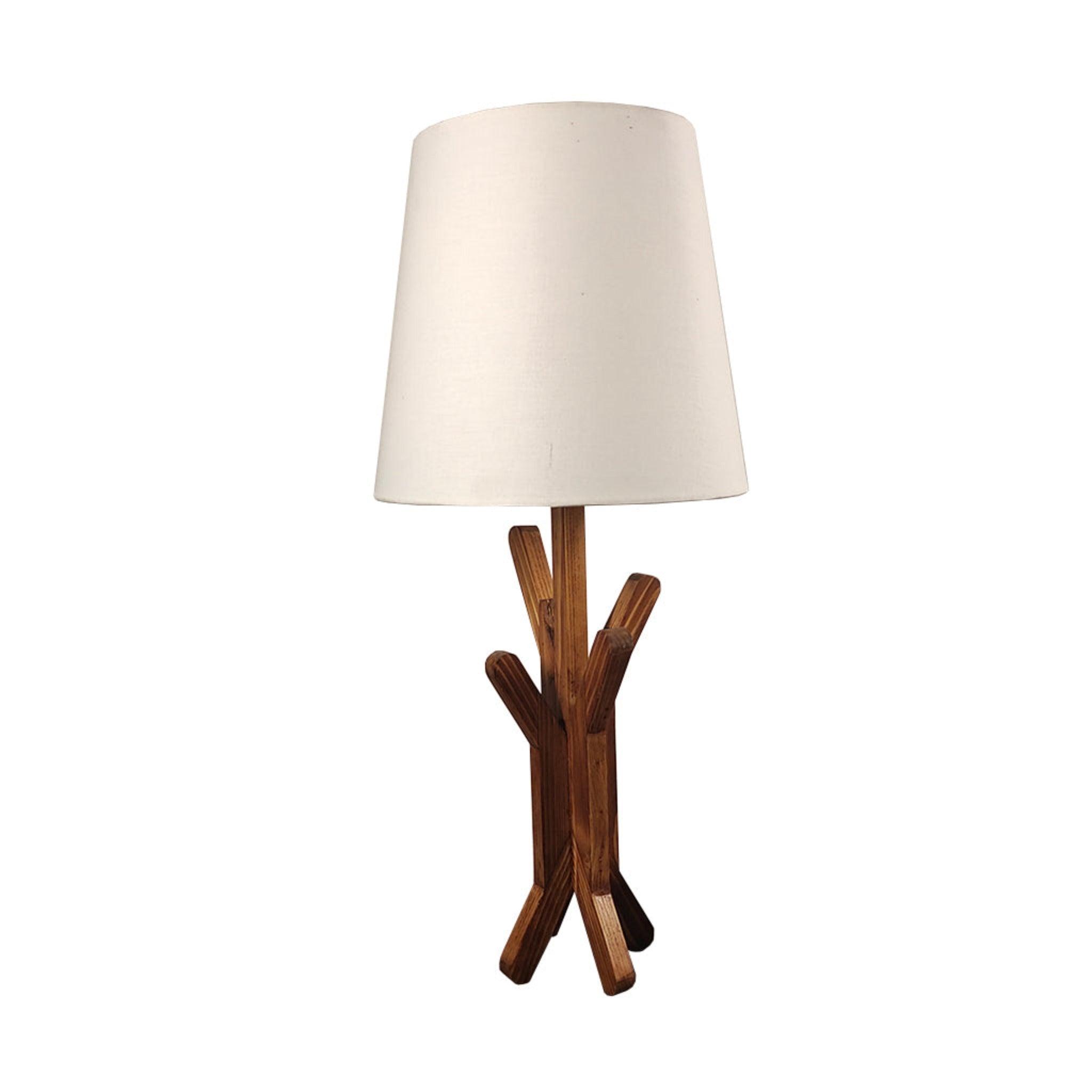 Vrikshya Wooden Table Lamp with Brown Base and Premium White Fabric Lampshade - WoodenTwist