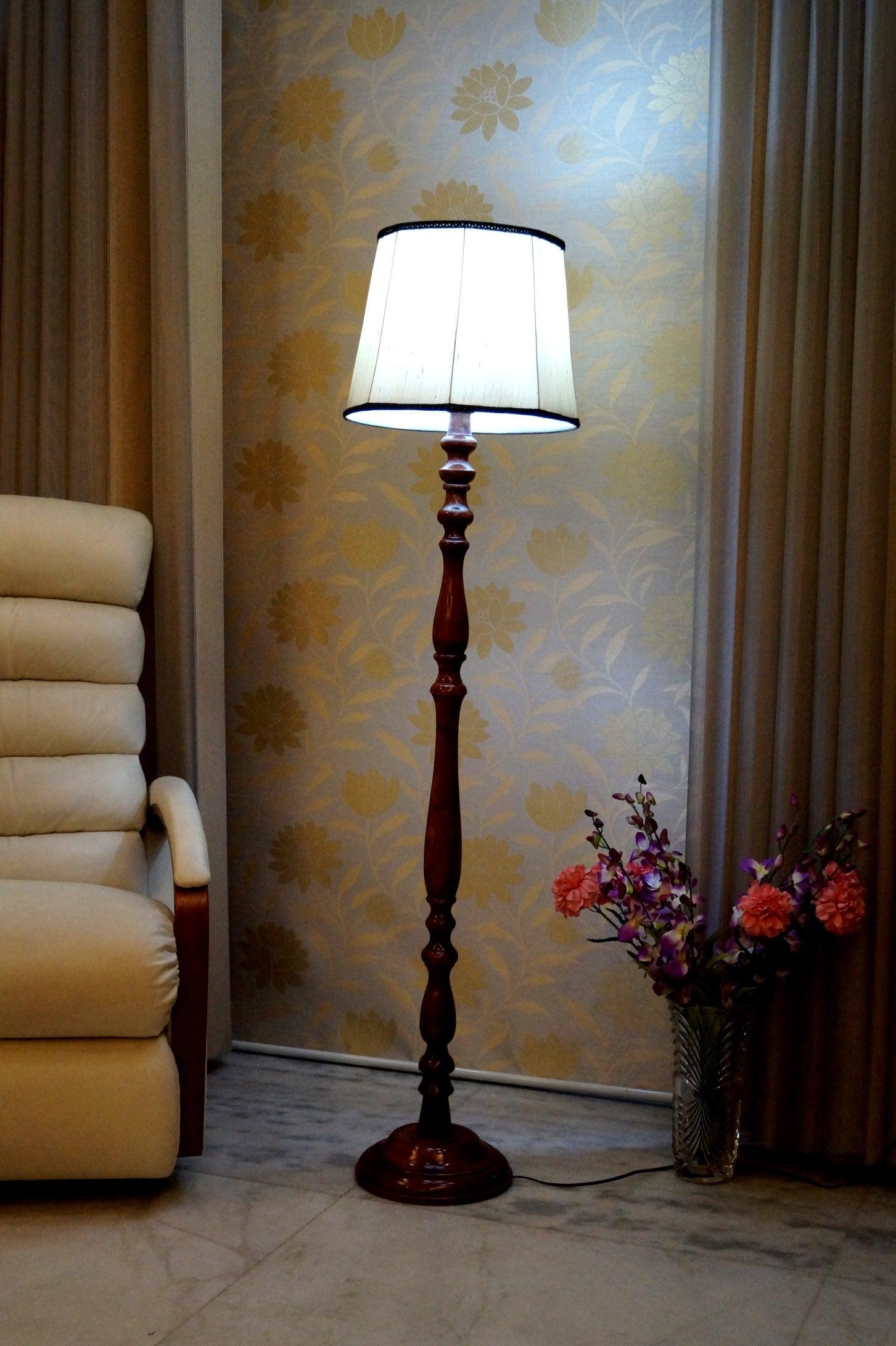 Mango Wood Floor Lamp (Royal Brown & Black with Cylindrical Shade) - WoodenTwist