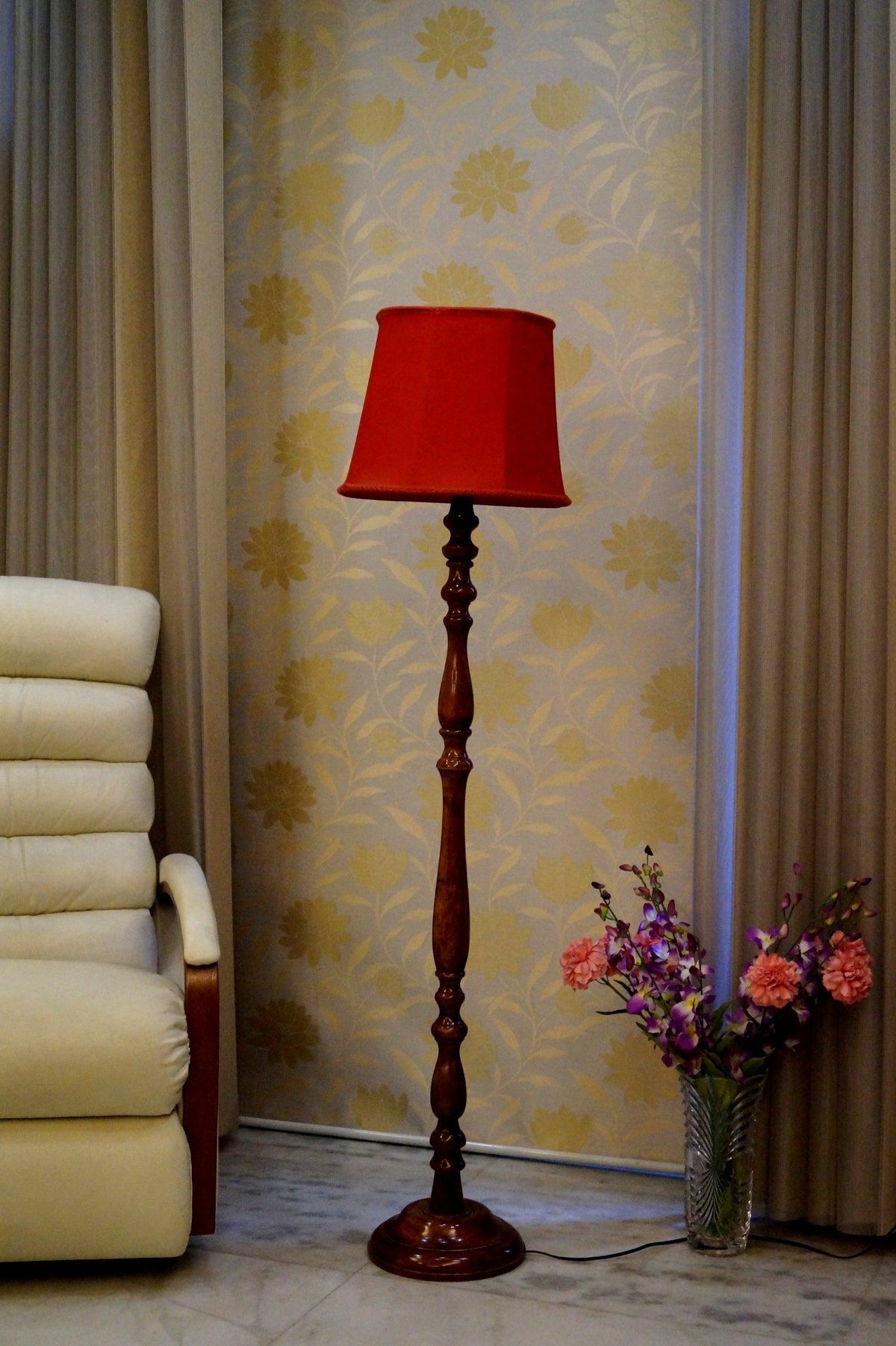 Floor Lamp Red & Brown with Conical Shade (Bulb Not Included) - WoodenTwist