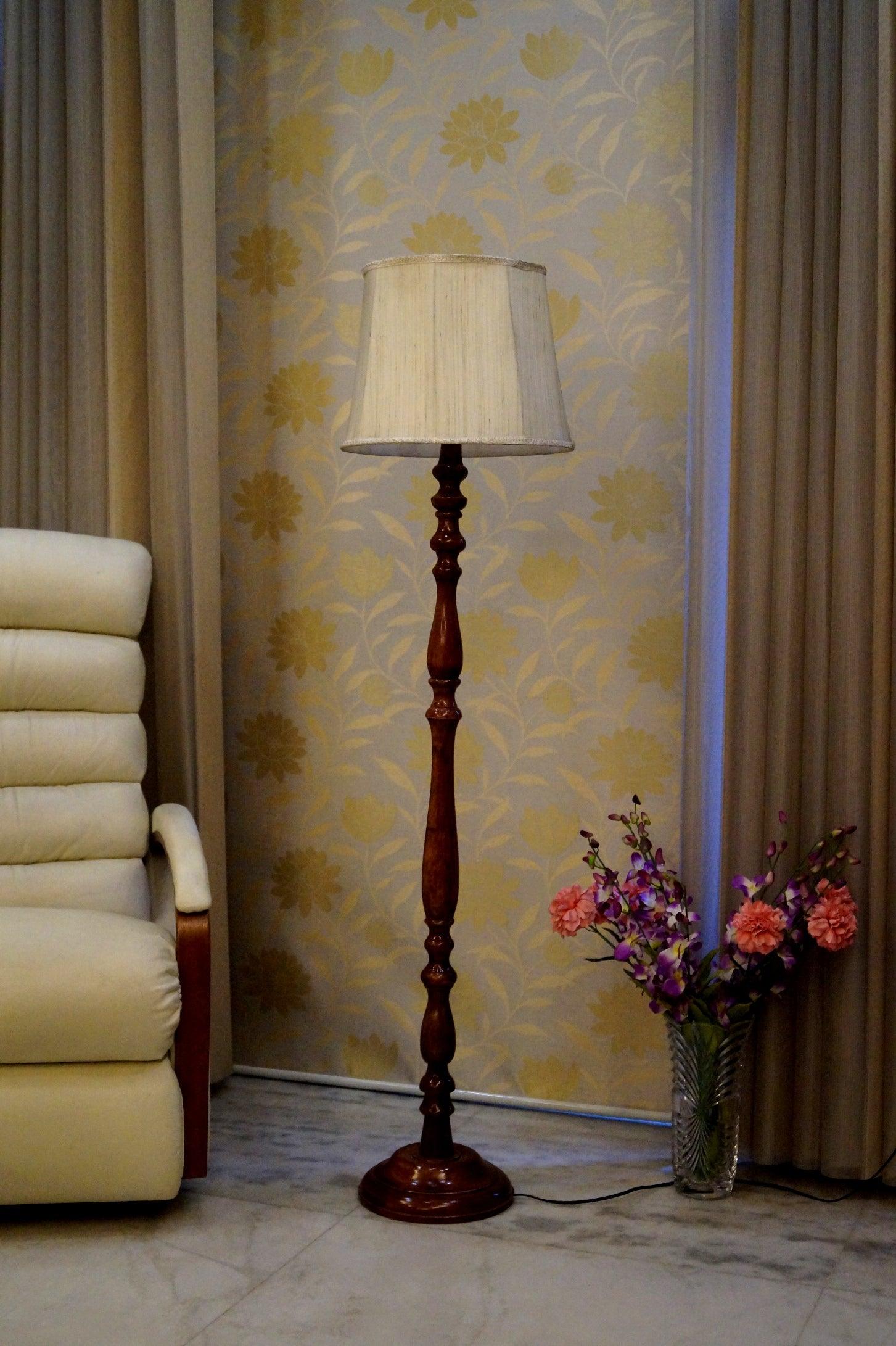 Floor Lamp Cream & Brown with Drum Shade (Bulb Not Included) - WoodenTwist