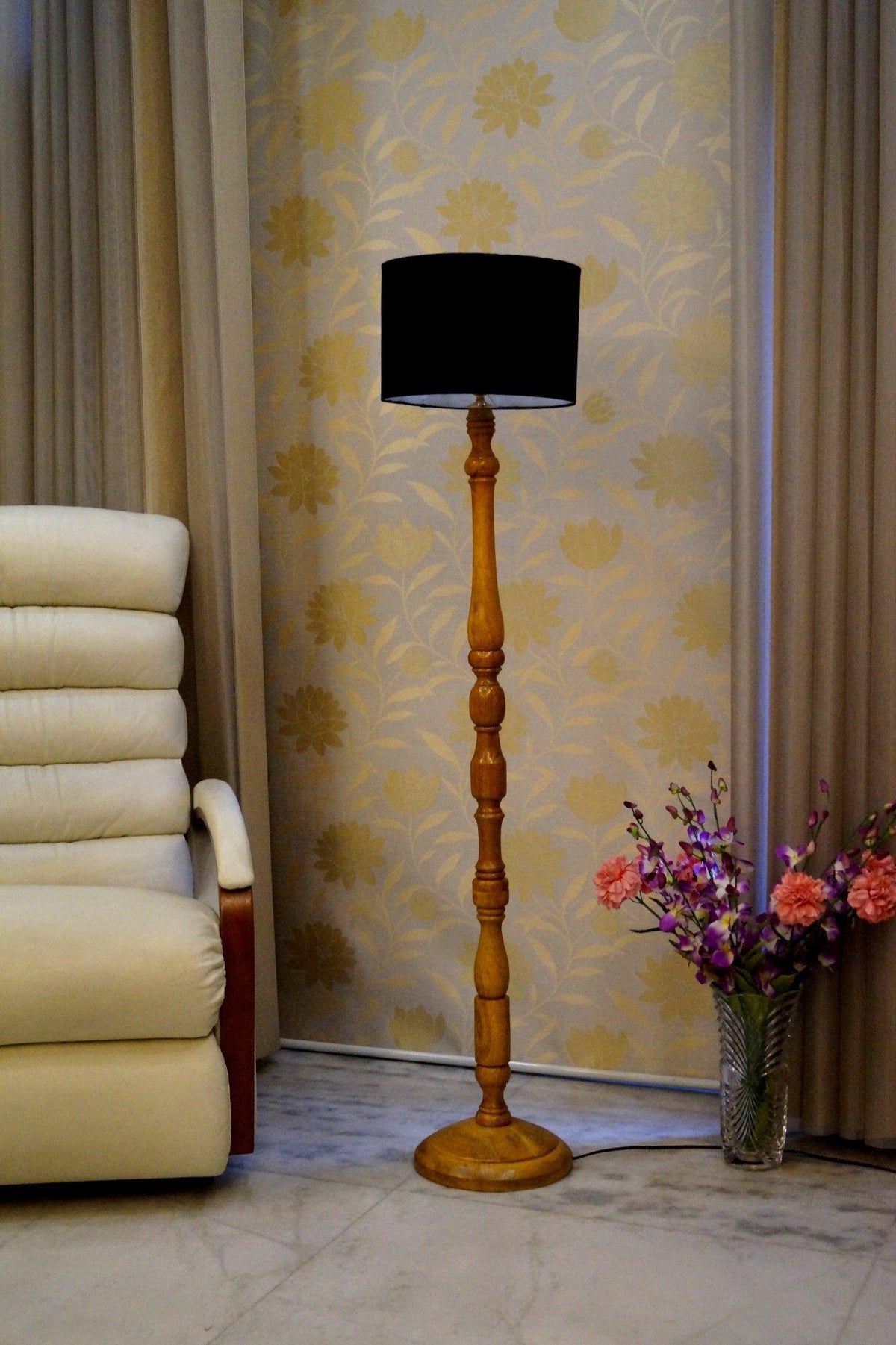 Floor Lamp Black & Brown with Drum Shade (Bulb Not Included) - WoodenTwist