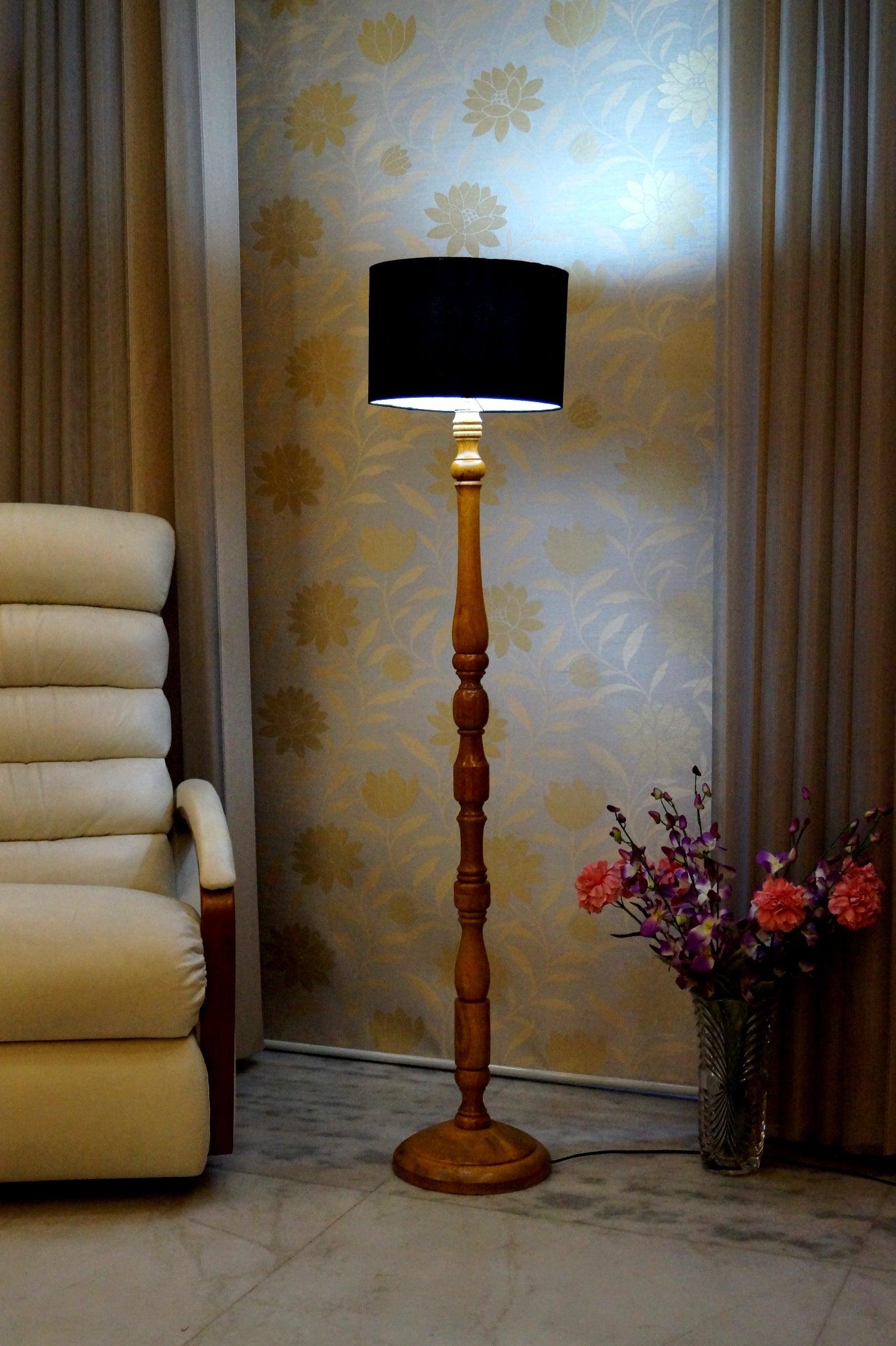 Floor Lamp Black & Brown with Drum Shade (Bulb Not Included) - WoodenTwist