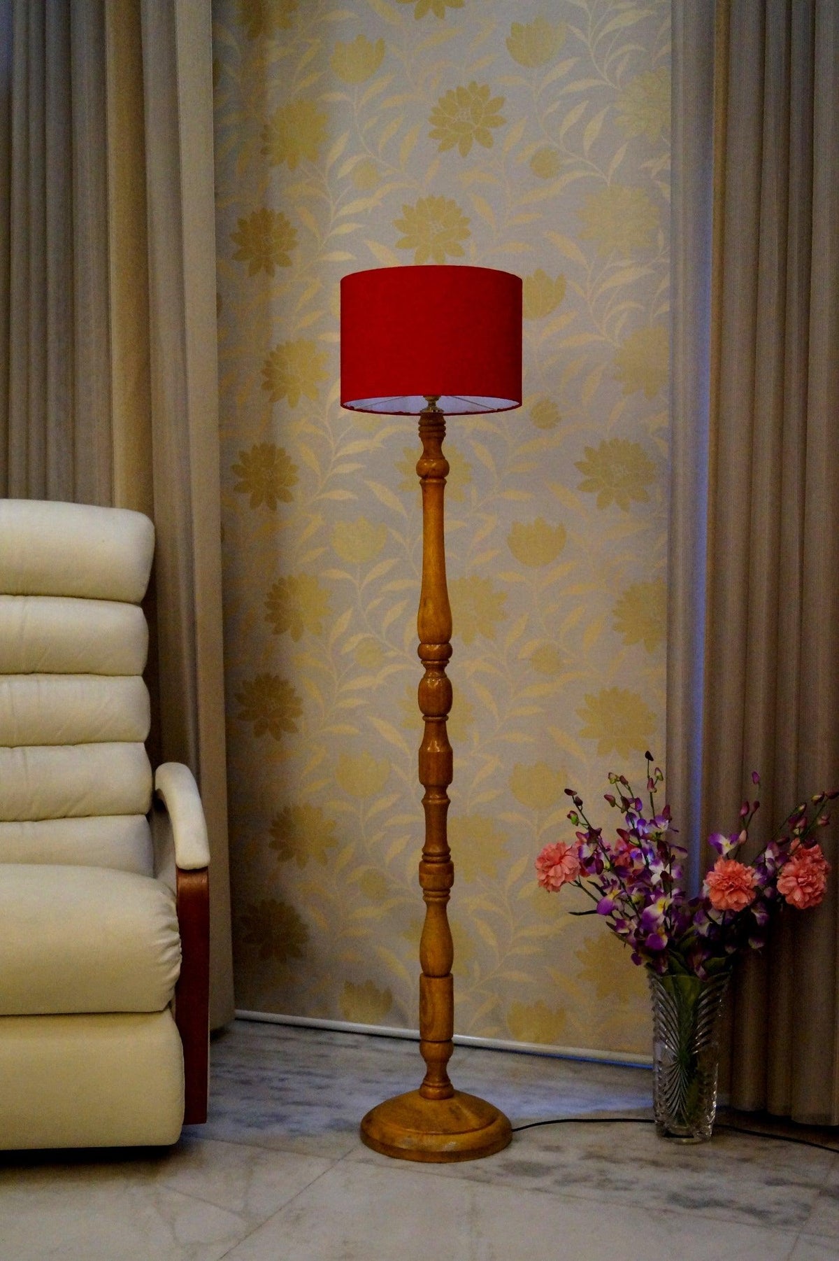 Floor Lamp Red & Brown with Cylindrical Shade (Bulb Not Included) - WoodenTwist