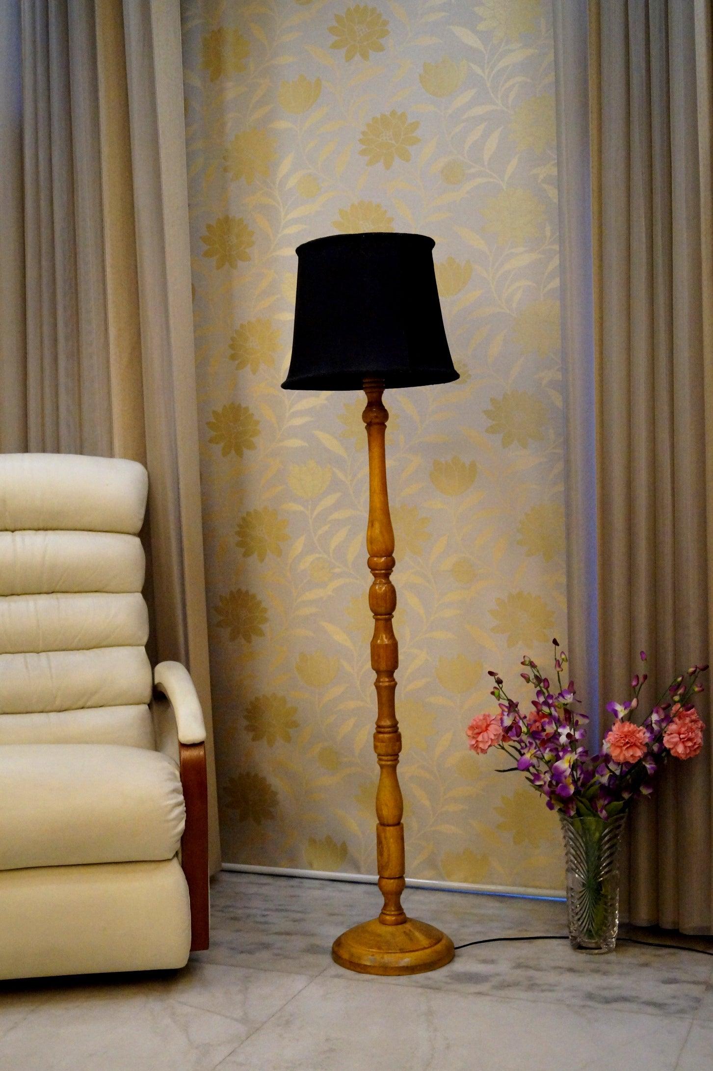 Floor Lamp Black & Brown with Cylindrical Shade (Bulb Not Included) - WoodenTwist