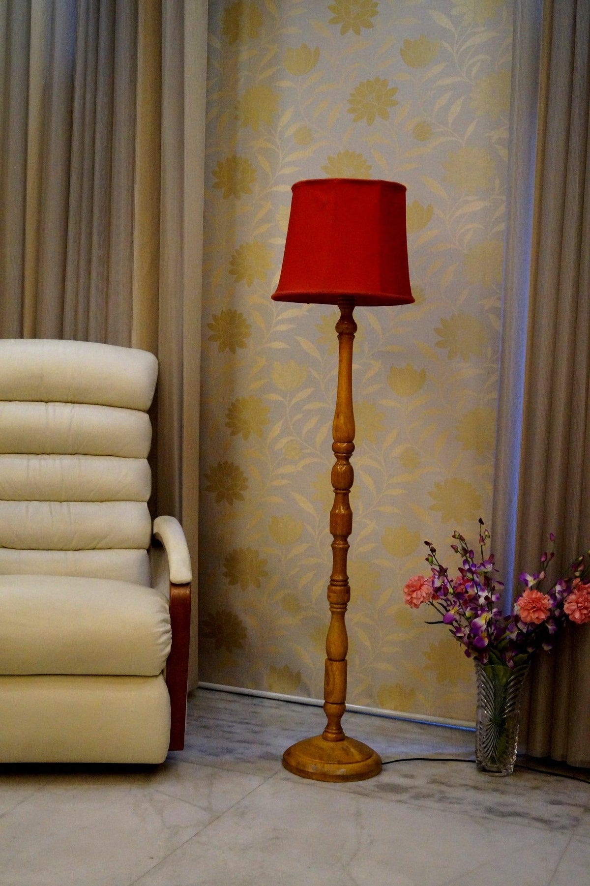 Floor Lamp Red & Brown with Cylindrical Shade (Bulb Not Included) - WoodenTwist