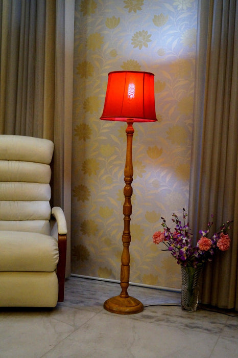 Floor Lamp Red & Brown with Cylindrical Shade (Bulb Not Included) - WoodenTwist