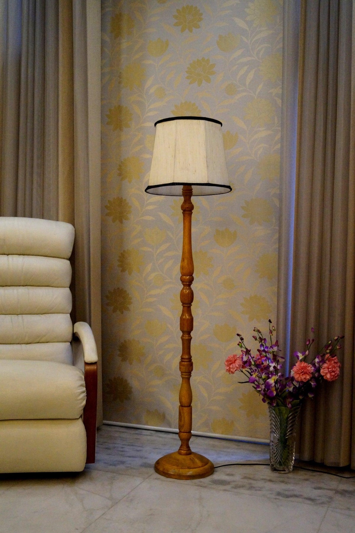 Floor Lamp Cream & Brown with Drum Shade (Bulb Not Included) - WoodenTwist