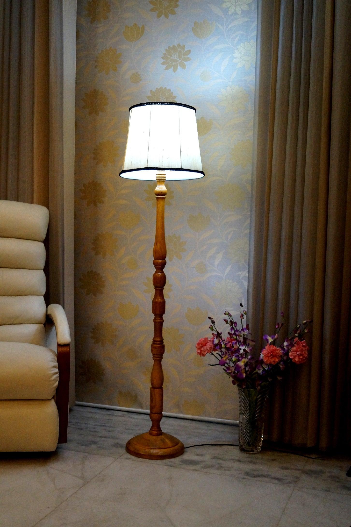 Floor Lamp Cream & Brown with Cylindrical Shade (Bulb Not Included) - WoodenTwist