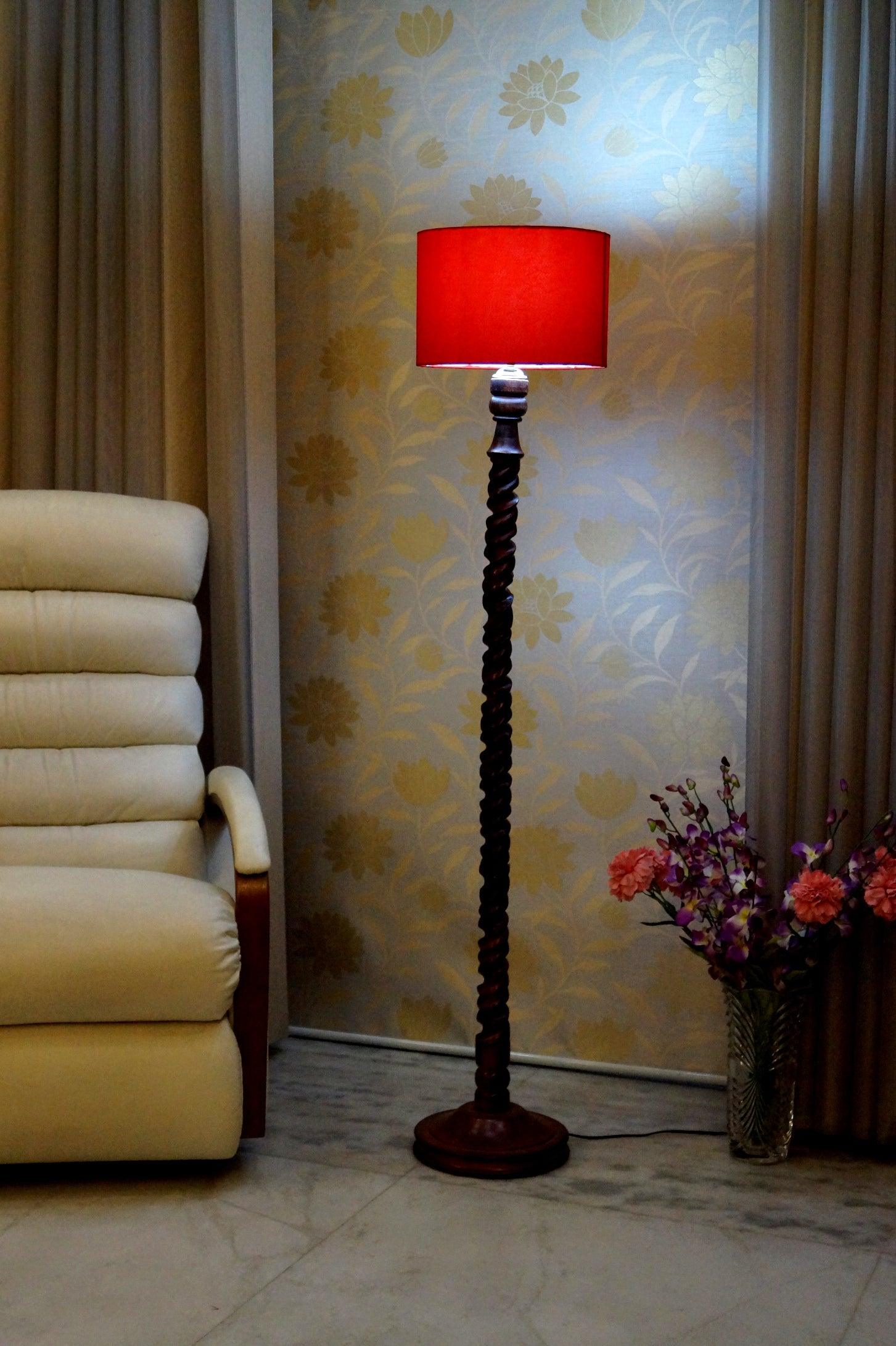 Floor Lamp Brown & Red with Drum Shade (Bulb Not Included) - WoodenTwist