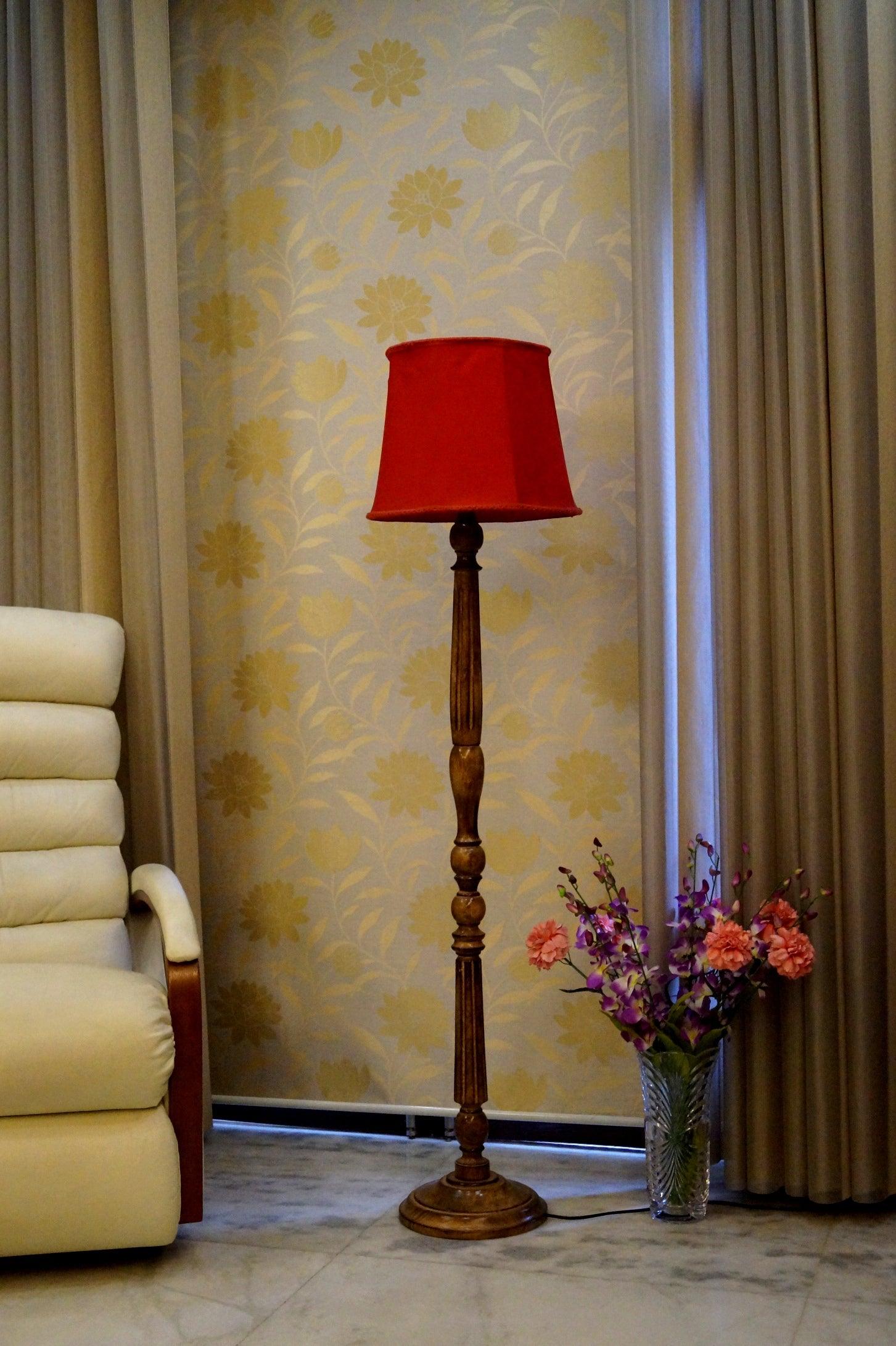 Mango Wood Floor Lamp (Brown & Red with Cylindrical Shade) - WoodenTwist