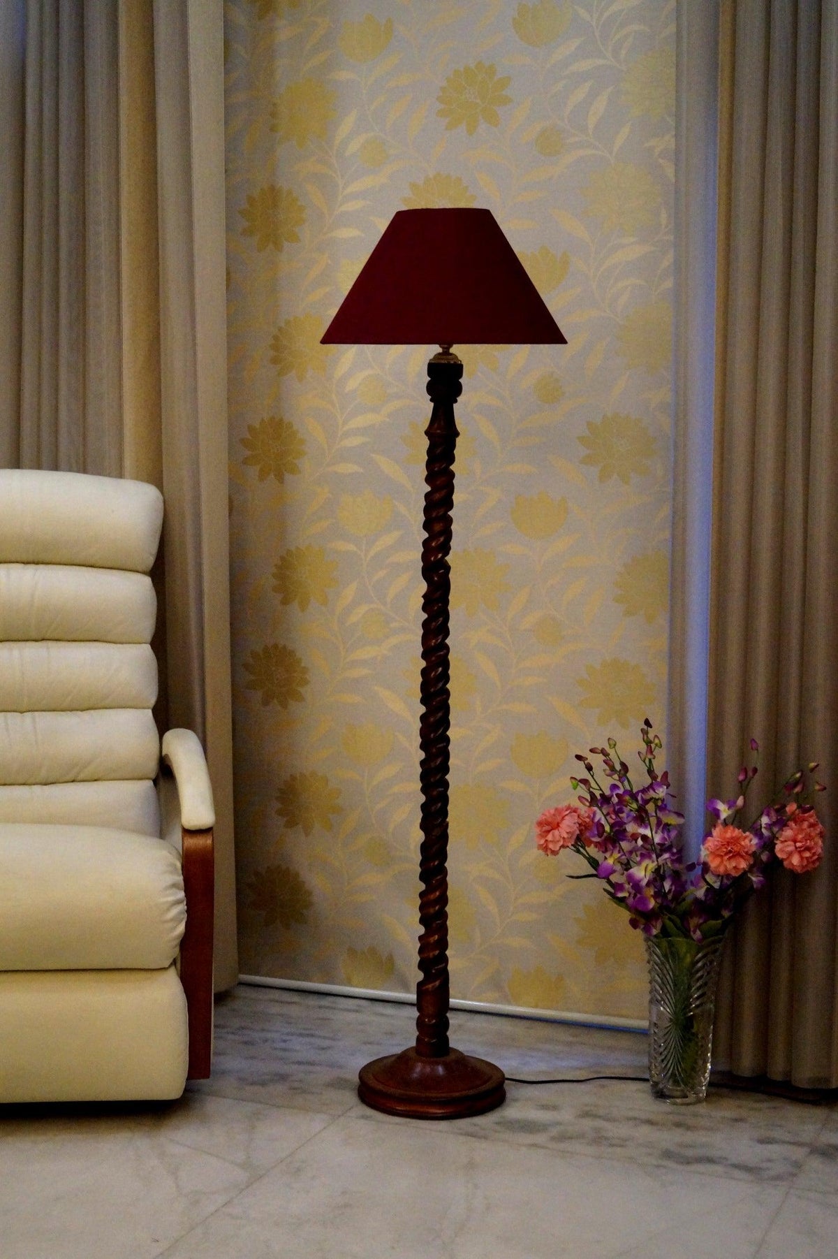 Floor Lamp Dark Brown & Maroon with Conical Shade (Bulb Not Included) - WoodenTwist