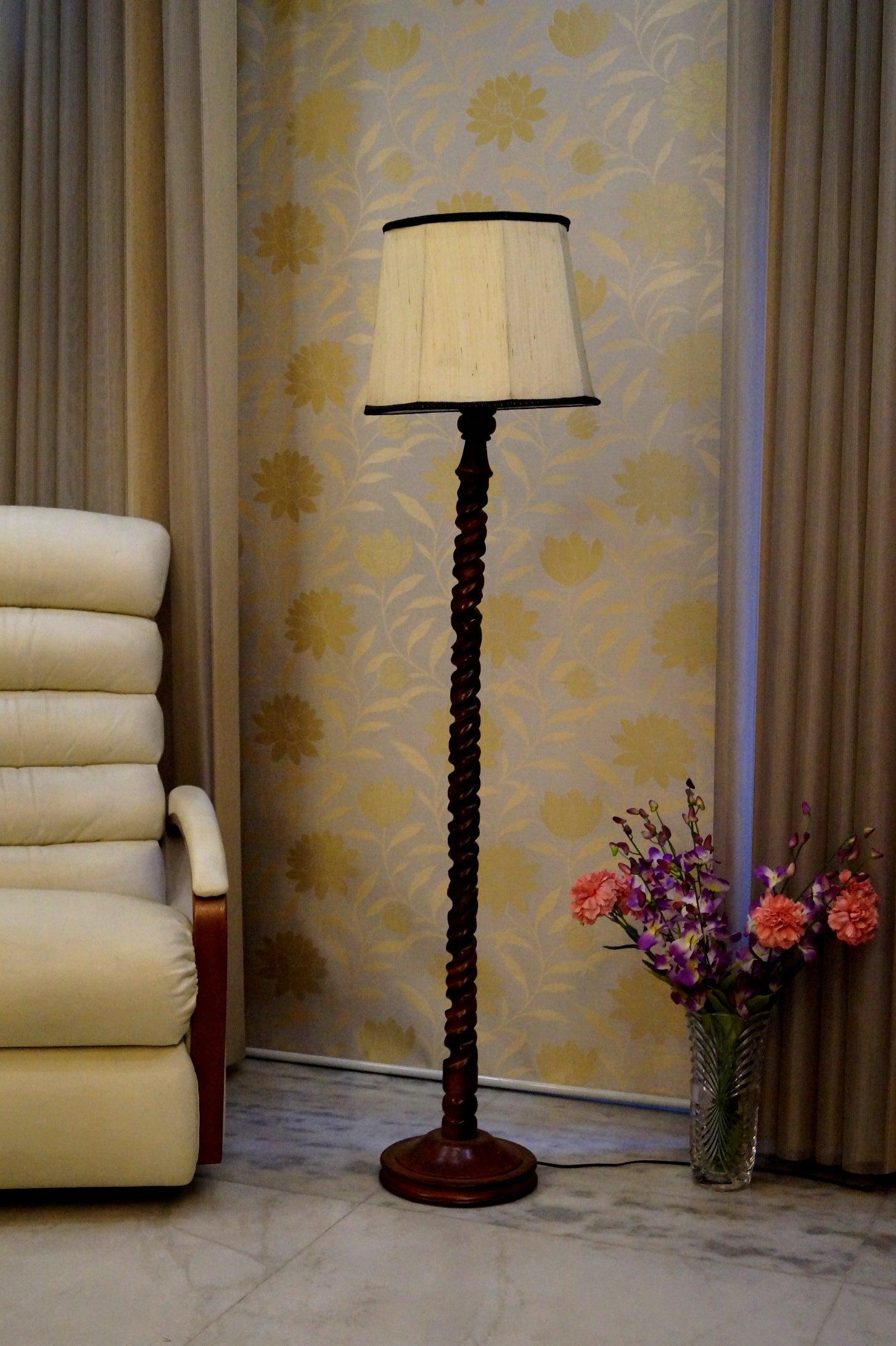 Mango Wood Floor Lamp Dark Brown & White with Conical Shade (Bulb Not Included) - WoodenTwist