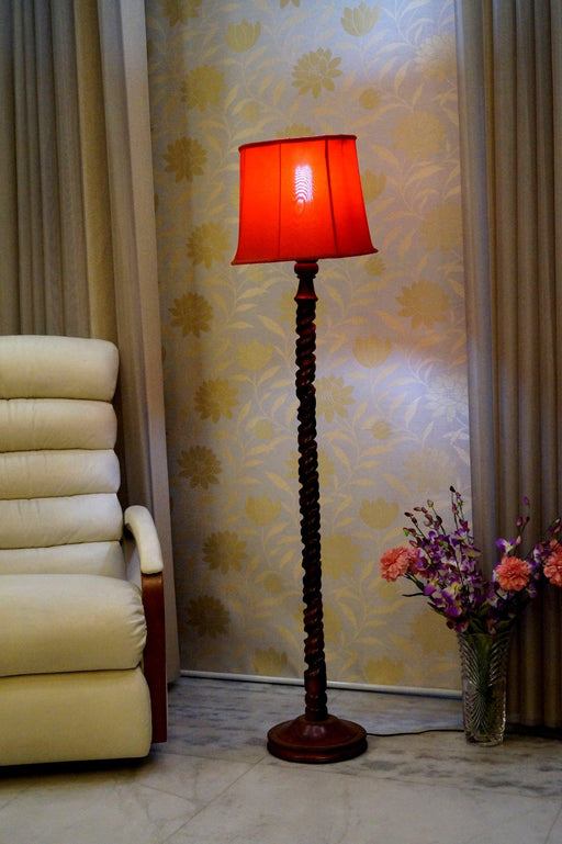 Mango Wood Floor Lamp Dark Brown & Red with Conical Shade (Bulb Not Included) - WoodenTwist