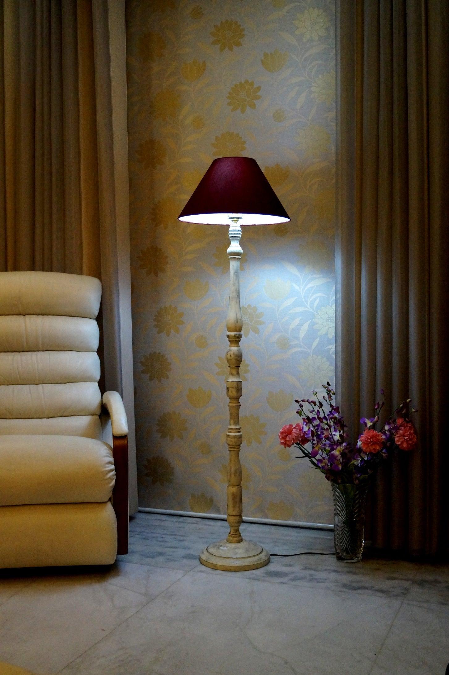 Mango Wood Floor Lamp Brown & Maroon with Conical Shade (Bulb Not Included) - WoodenTwist