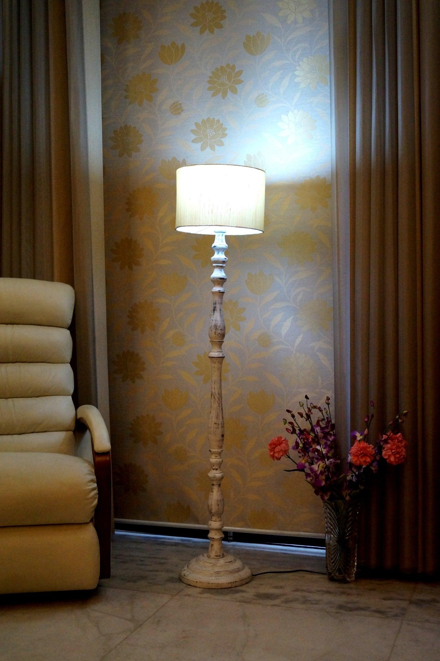 Mango Wood Floor Lamp (White with Drum Shade) - WoodenTwist