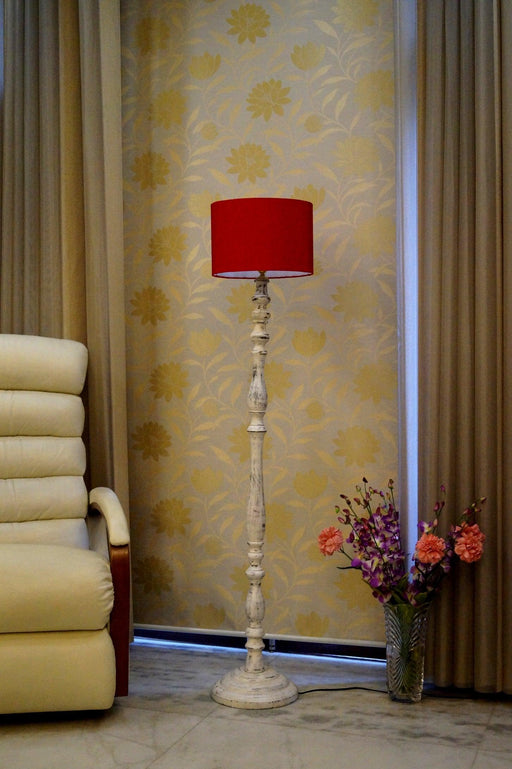 Mango Wood Floor Lamp (Red with Drum Shade) - WoodenTwist