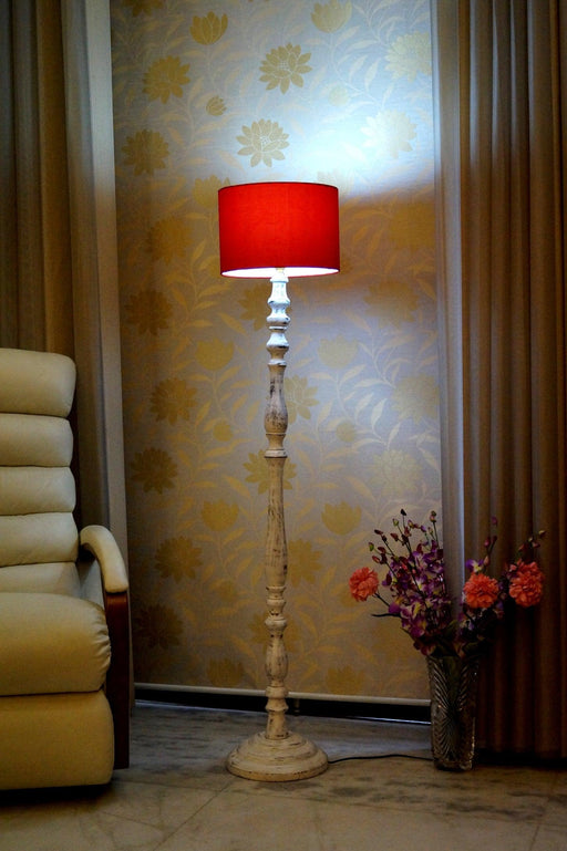 Mango Wood Floor Lamp (Red with Drum Shade) - WoodenTwist