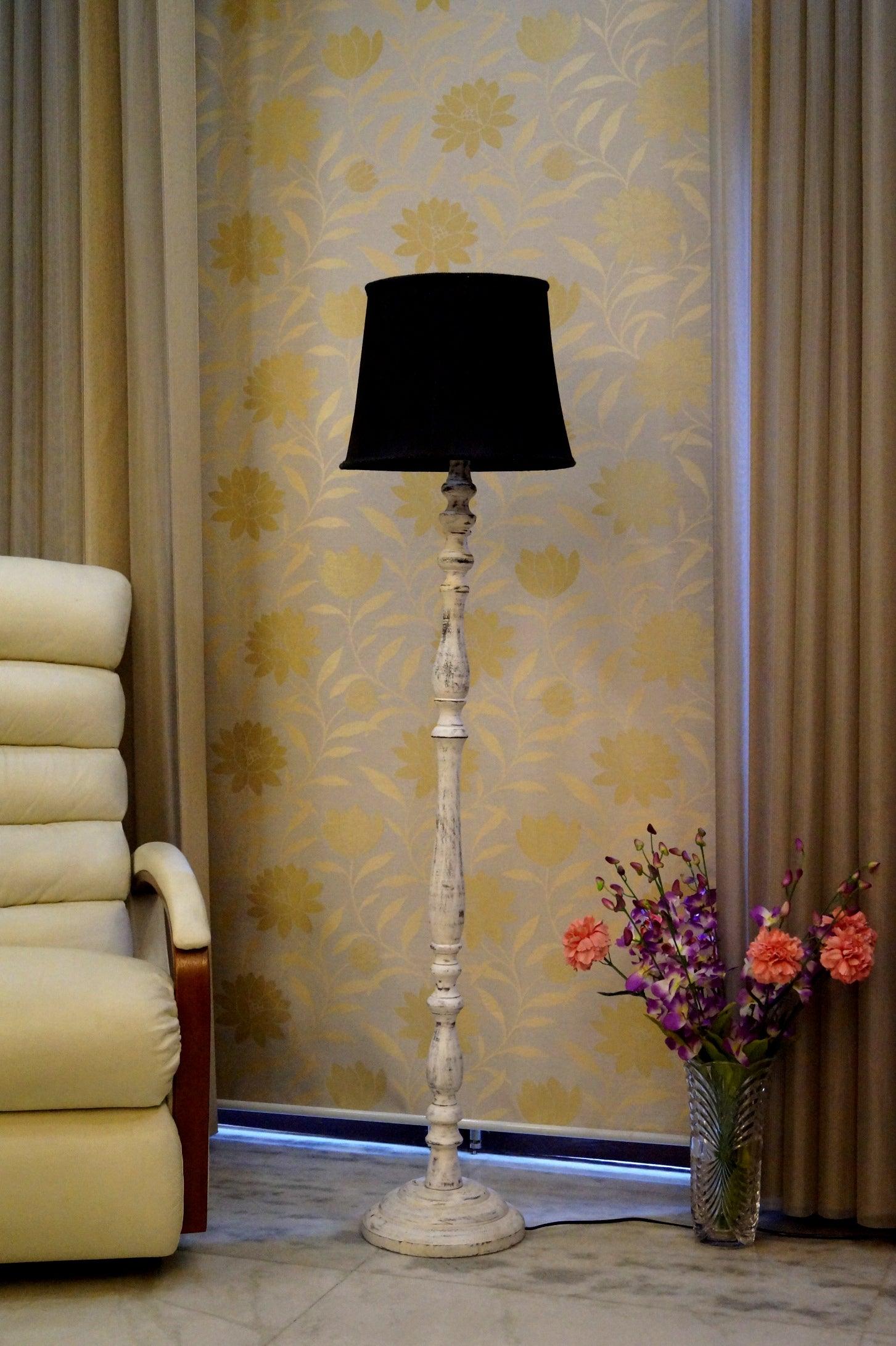 Mango Wood Floor Lamp (Brown & Black with Cylindrical Shade) - WoodenTwist