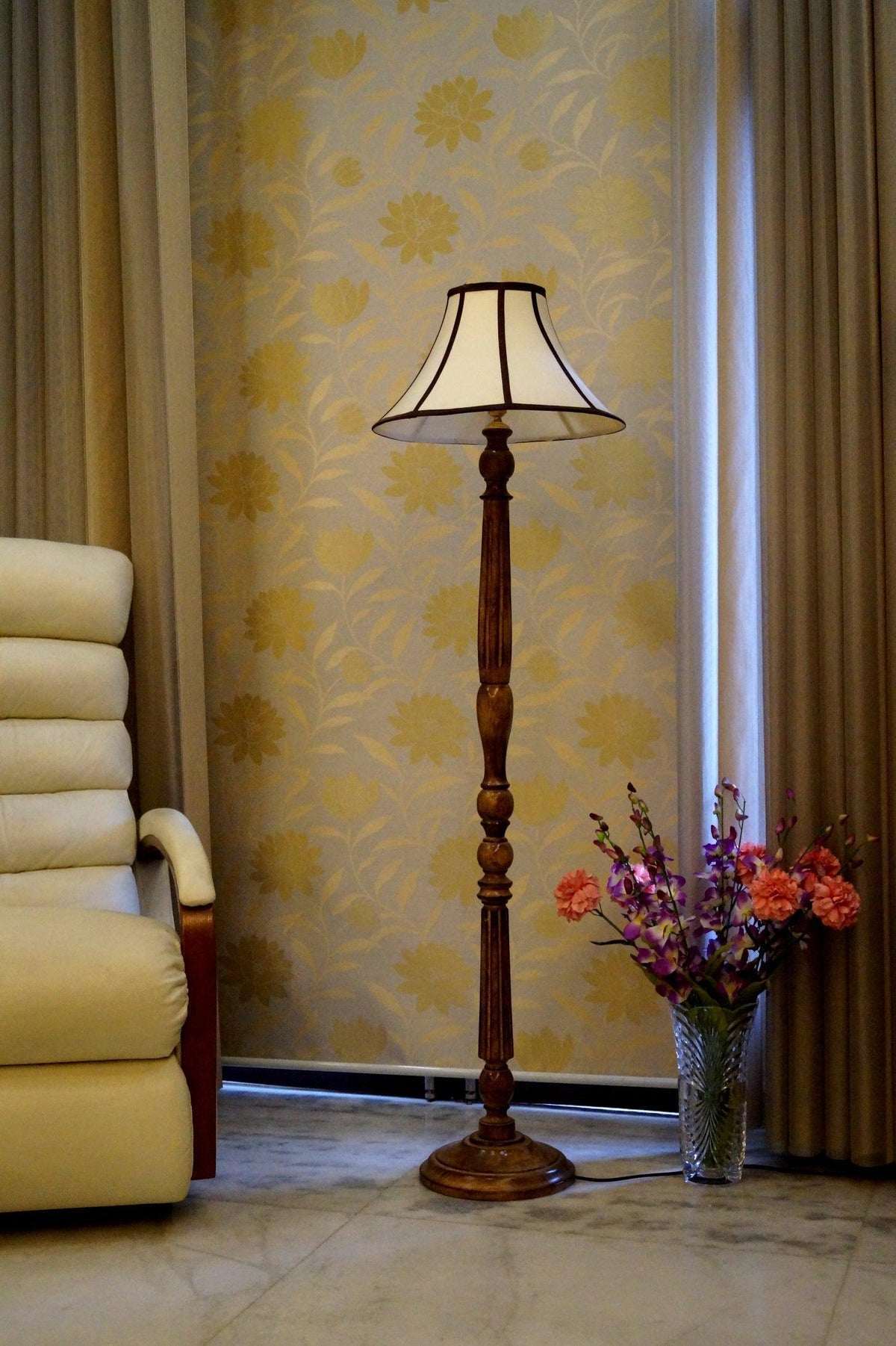 Mango Wood Floor Lamp (Brown & Strip with Conical Shade) - WoodenTwist