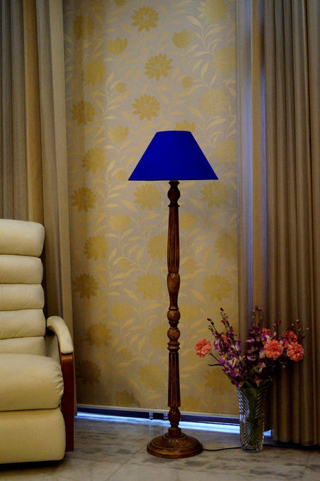 Mango Wood Floor Lamp (Brown & Blue with Conical Shade) - WoodenTwist