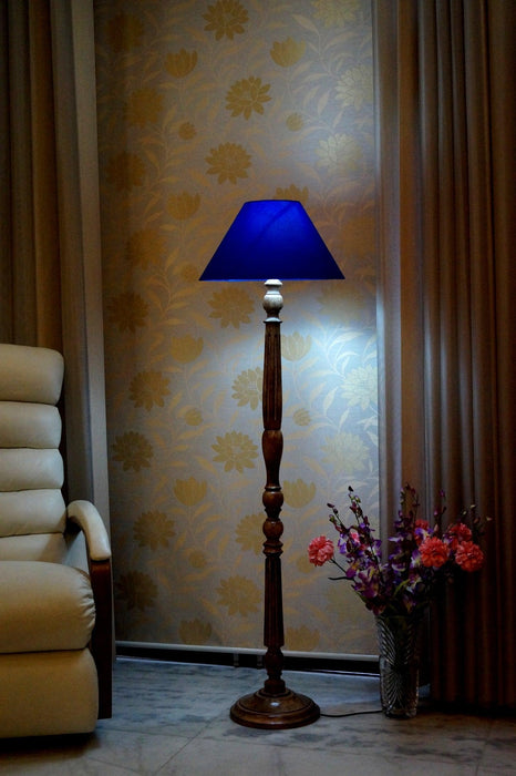 Mango Wood Floor Lamp (Brown & Blue with Conical Shade) - WoodenTwist