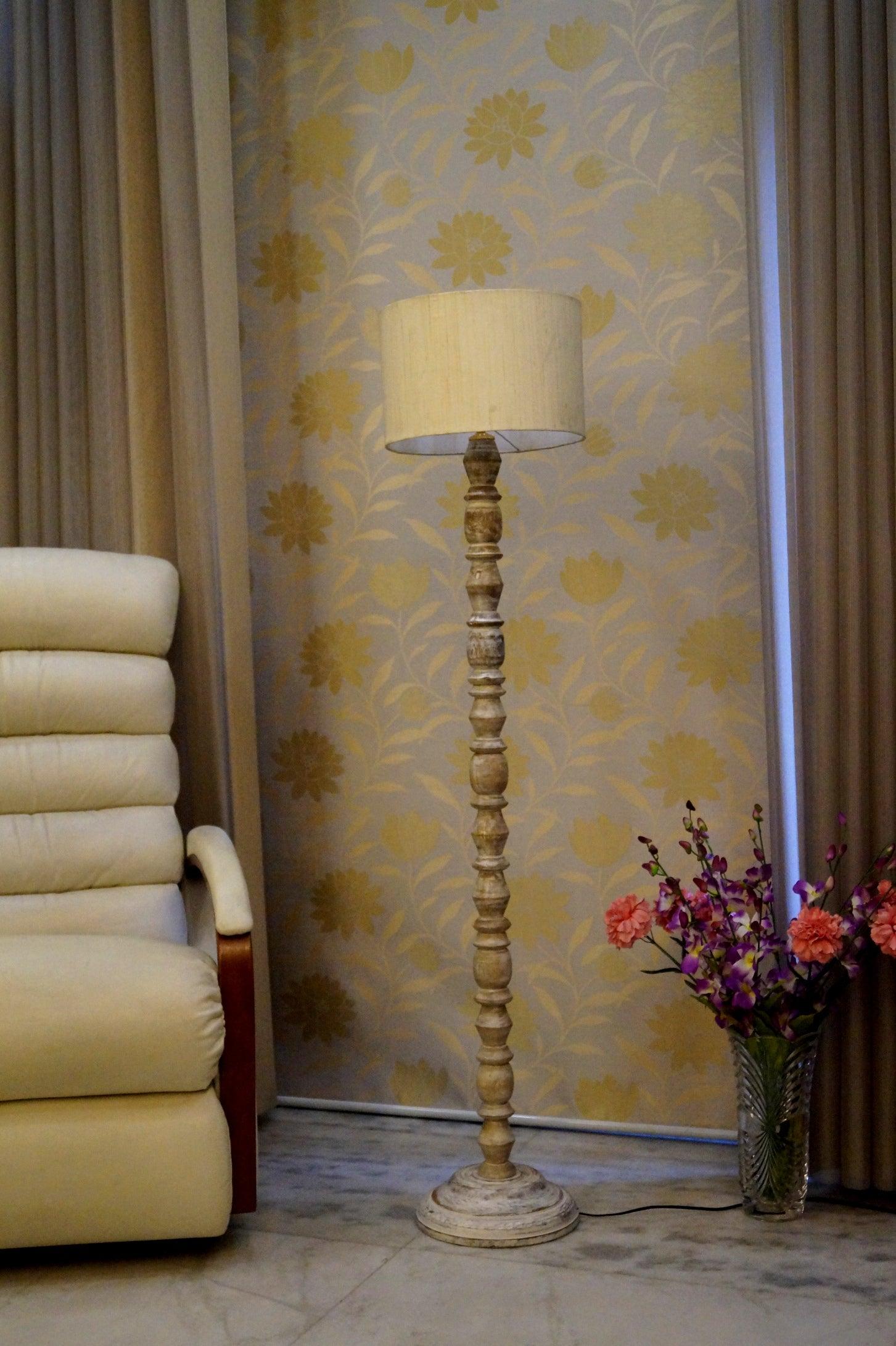 Classic Floor Lamp Cream & Brown with (Bulb Not Included) - WoodenTwist