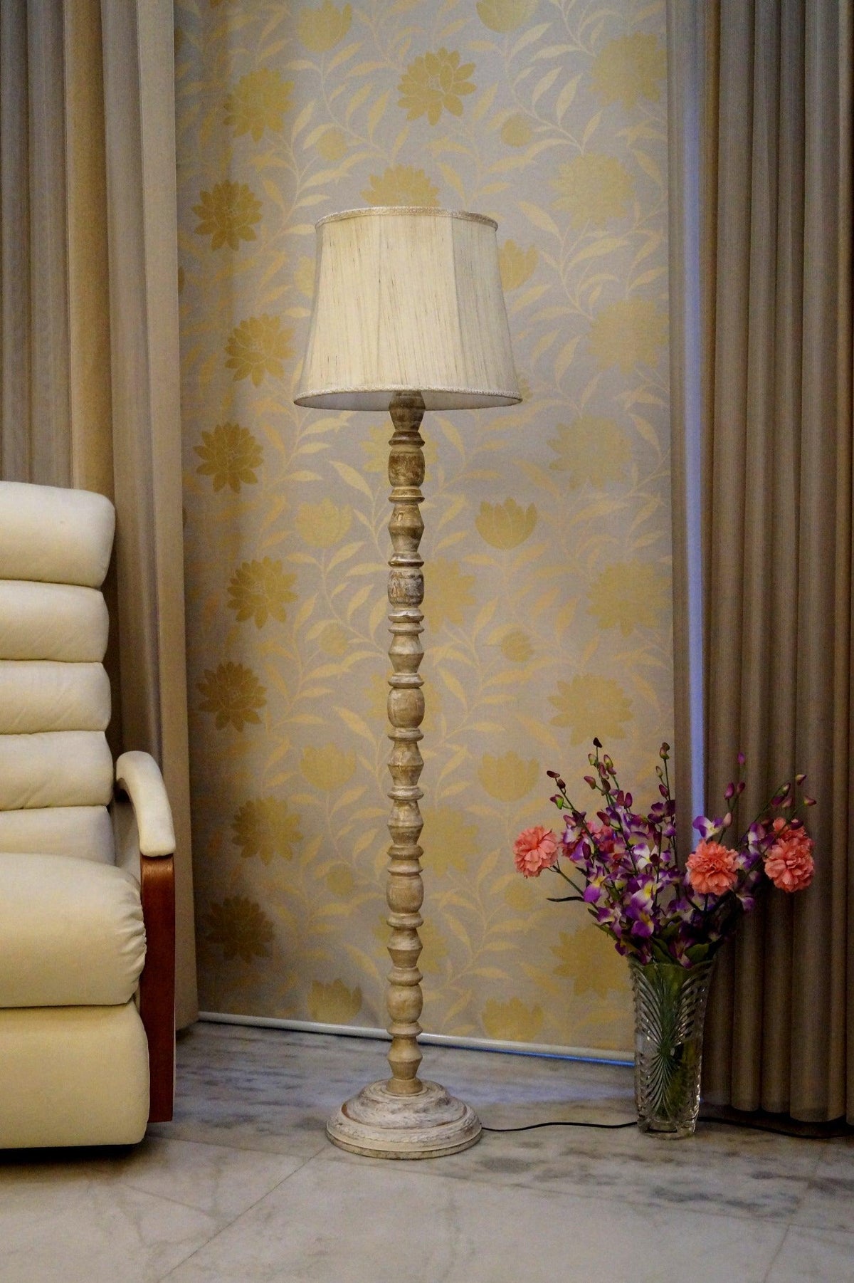 Classic Floor Lamp Cream & Brown with (Bulb Not Included) - WoodenTwist