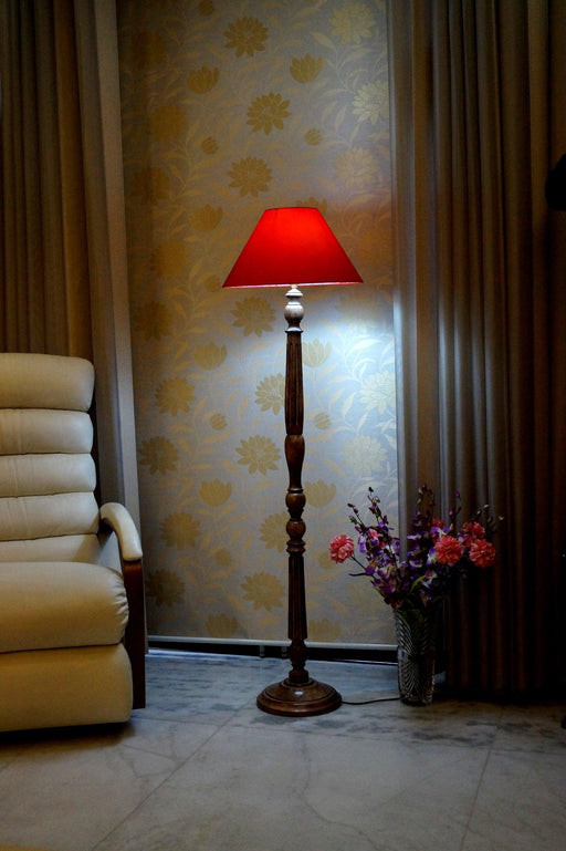 Mango Wood Floor Lamp (Brown & Red with Conical Shade) - WoodenTwist