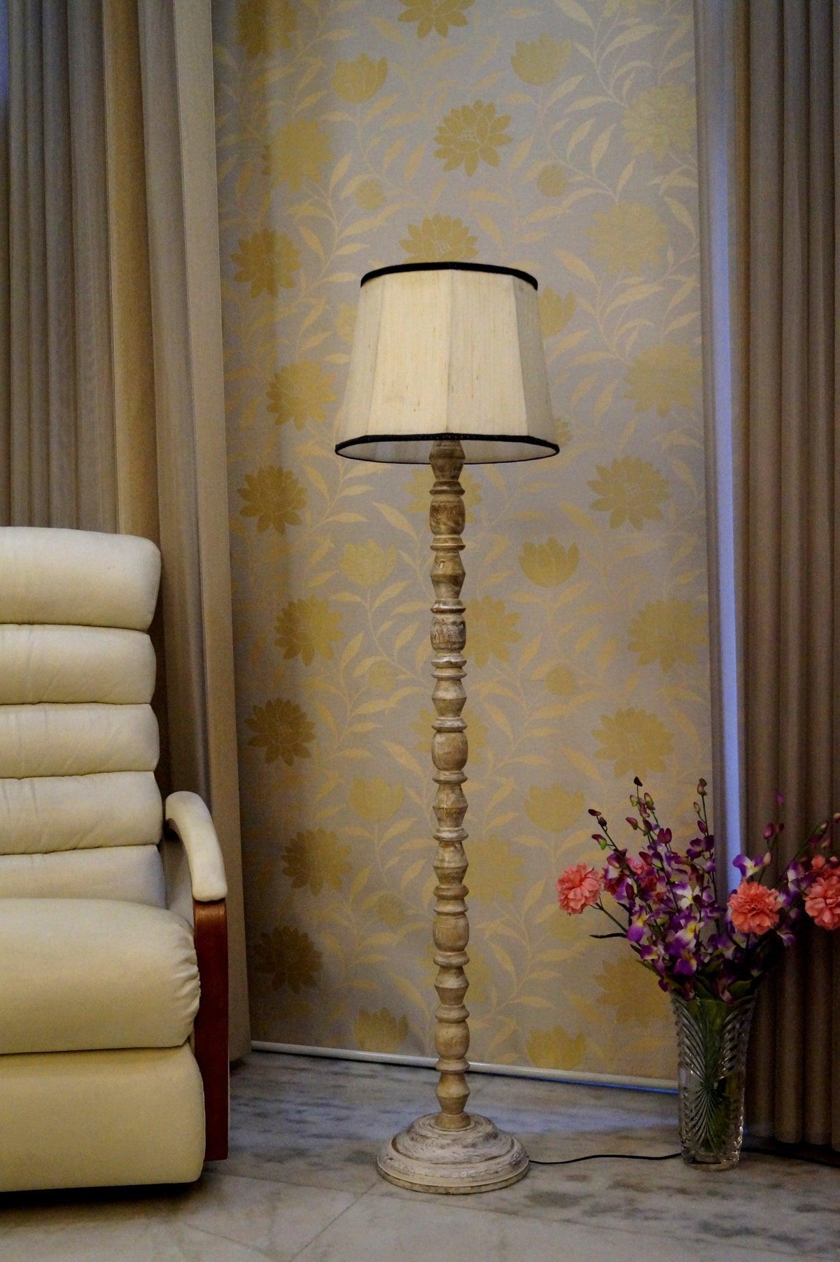 Classic Floor Lamp Cream & Brown with (Bulb Not Included) - WoodenTwist