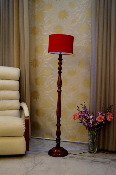 Floor Lamp Red & Brown with Drum Shade (Bulb Not Included) - WoodenTwist