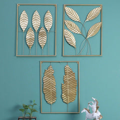 Golden Rectangular Leaves Wall Decor (Set of 3) - WoodenTwist