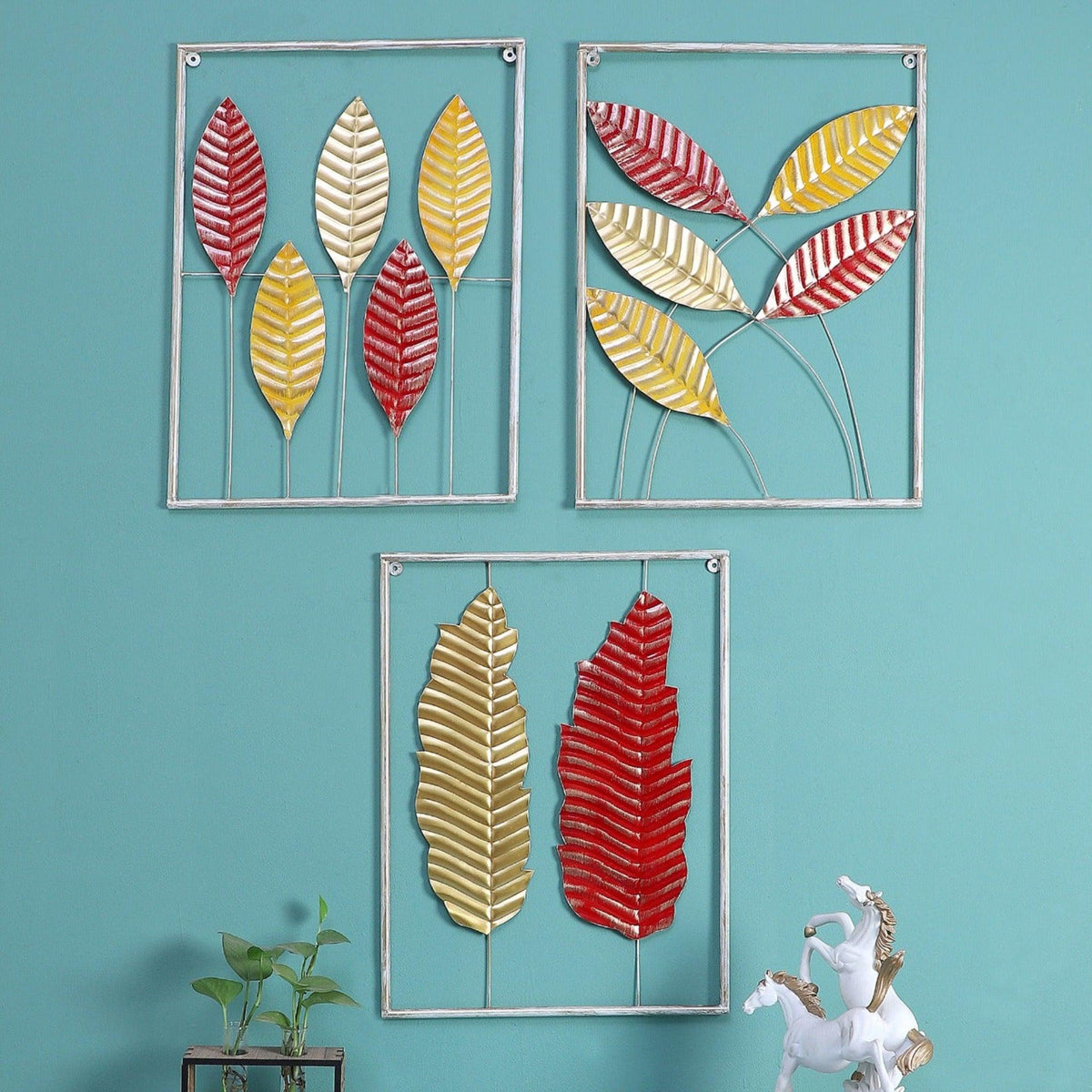 Yellow & Golden Rectangular Leaves Wall Decor (Set of 3) - WoodenTwist