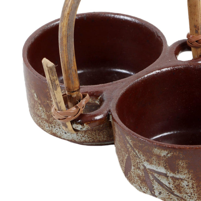 Studio Pottery Beige Chutney Server with Cane handle from Pondicherry - WoodenTwist