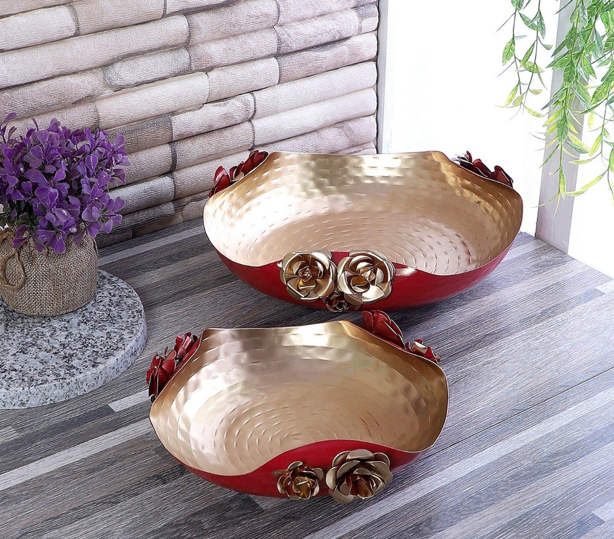 Red & Gold Hammered Rose Urli Set of 2 - WoodenTwist