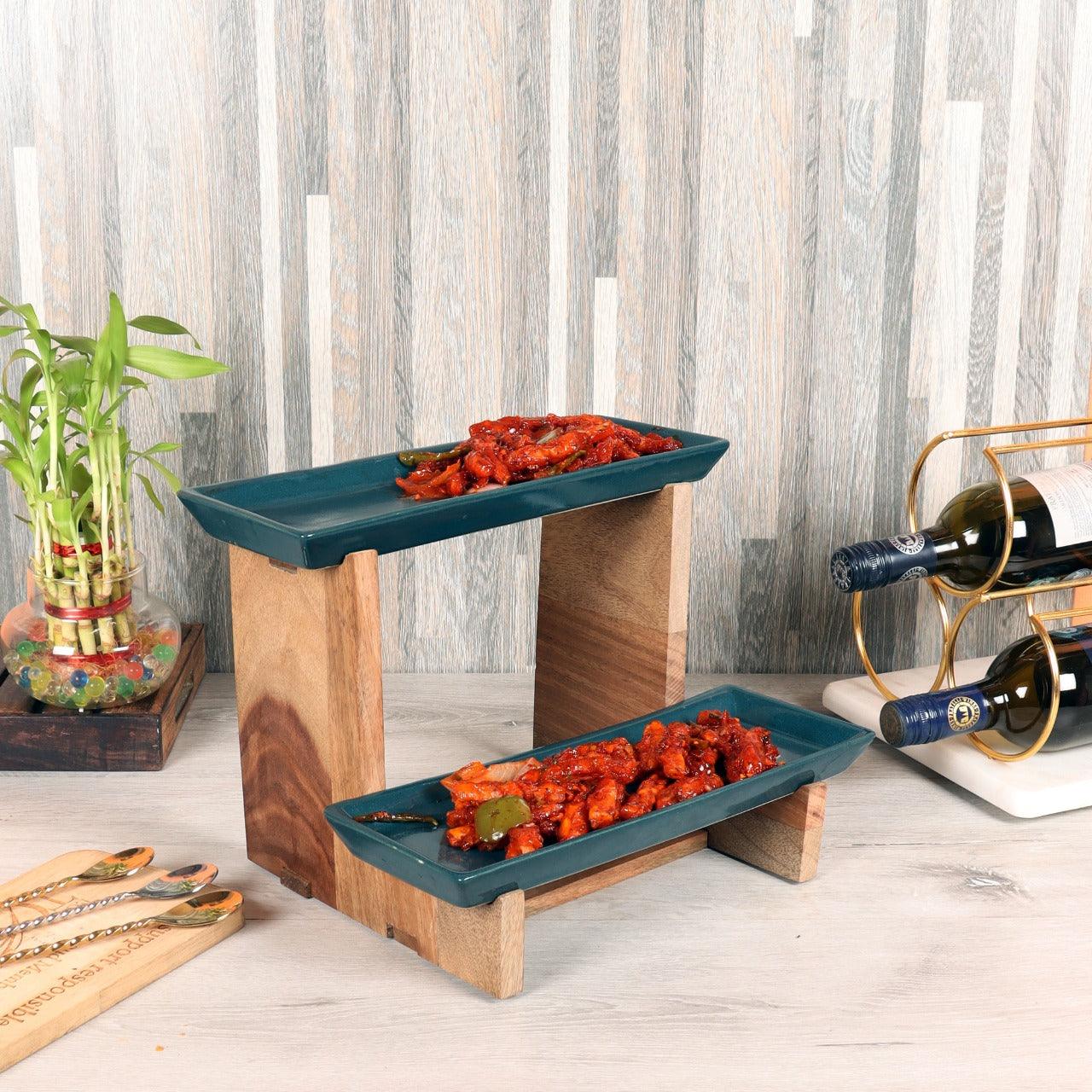 Two Layer Wooden & Ceramic Snacks Platter - WoodenTwist