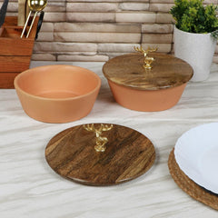 Mustard Ceramic Serving Bowl With Mangowood Lid (Set of 2) - WoodenTwist