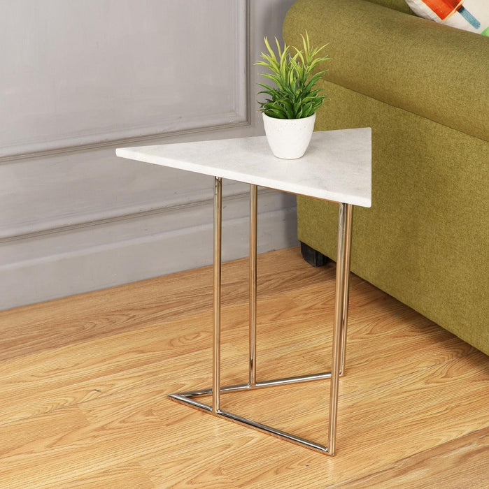 Marbled Steel Triangle Nesting Table Silver shiny Nickel Finish (2 pcs set) - WoodenTwist